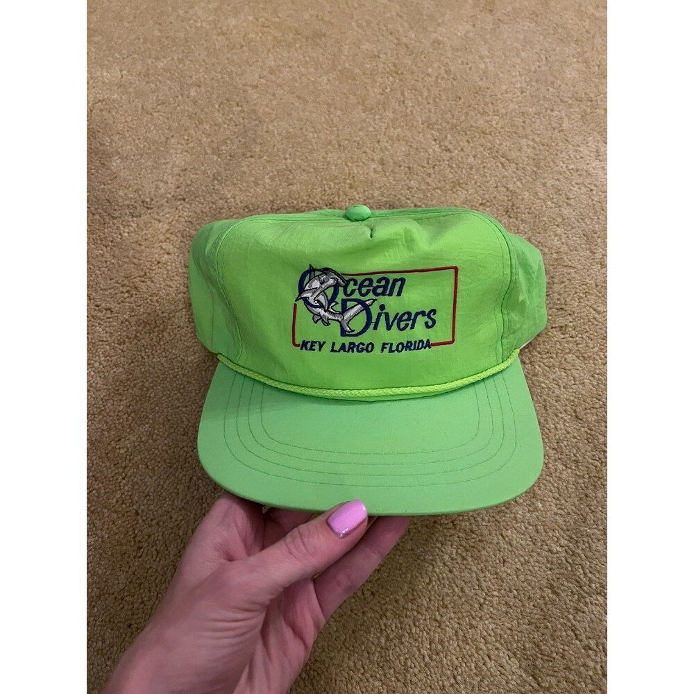 Vintage Neon Green Ocean Divers - Key Largo, Florida Nylon Snapback Trucker Hat
